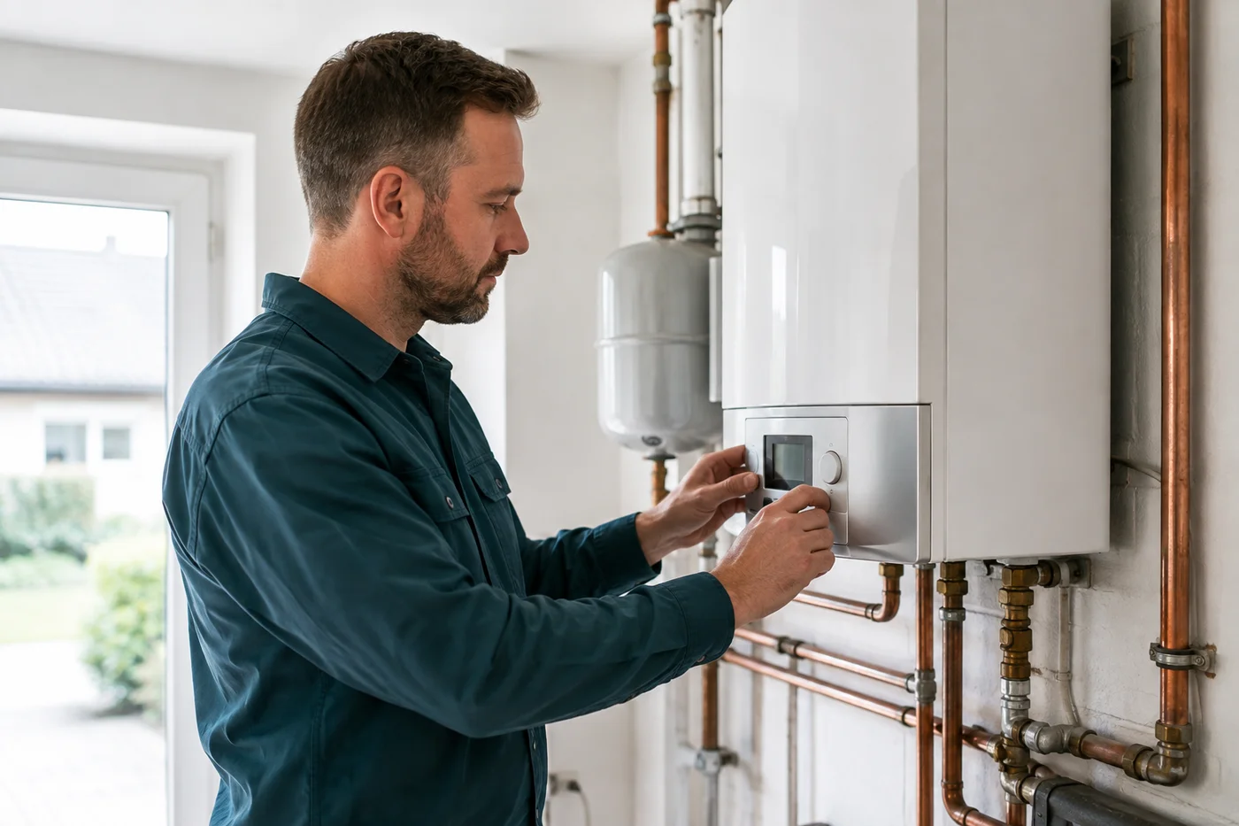Heizungstechniker prüft eine Heizungsanlage, KI-generiertes Motiv